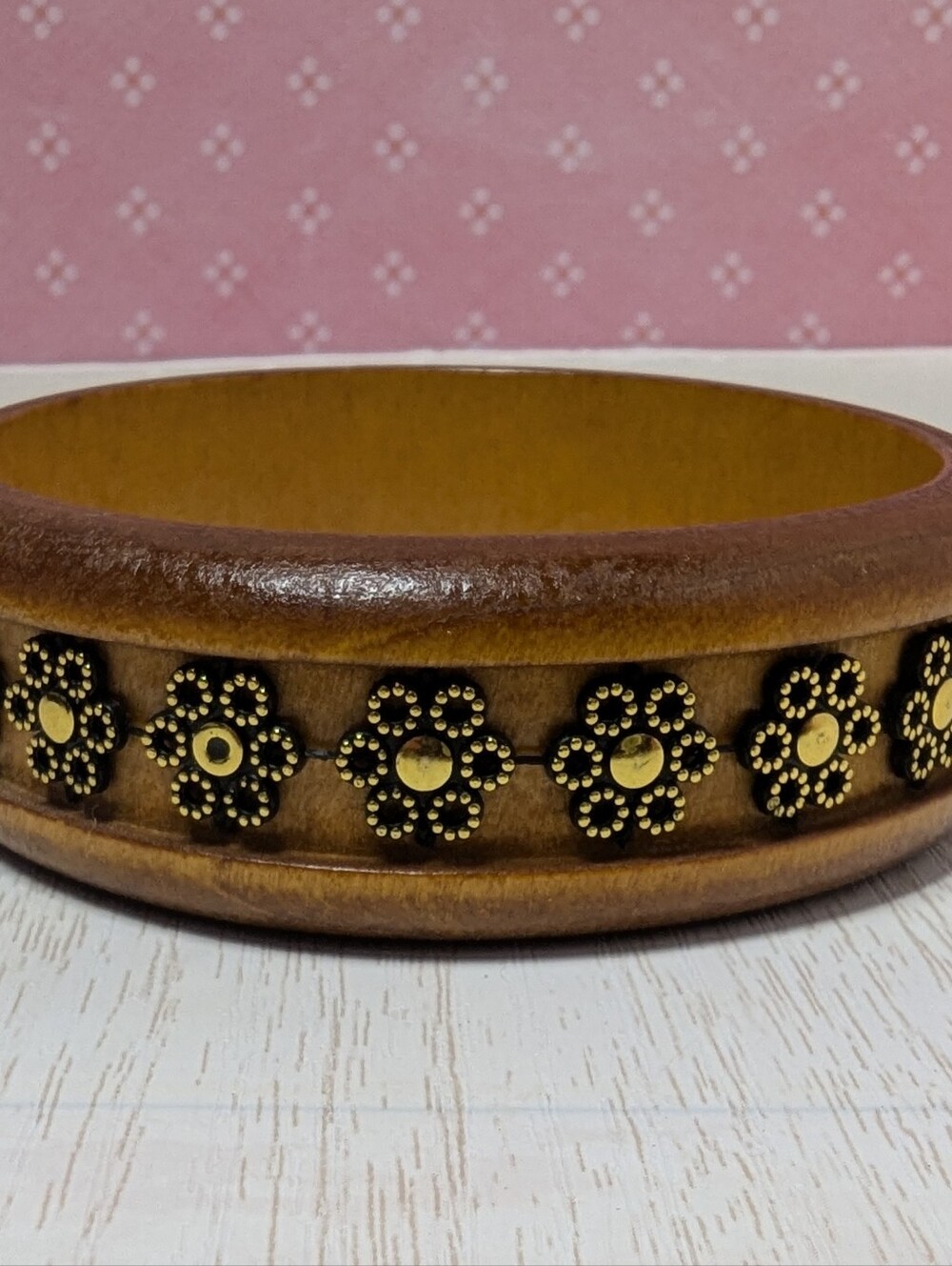Boho Studded Wooden Bangle Bracelet Brass Daisy Floral Inlay Chunky
